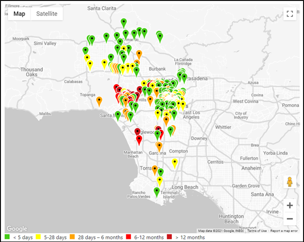 Map of Los Angeles-area buildings in SP3-Portfolio, color-coded by estimated seismic recovery time from under 5 days (green) to over 12 months (dark red)