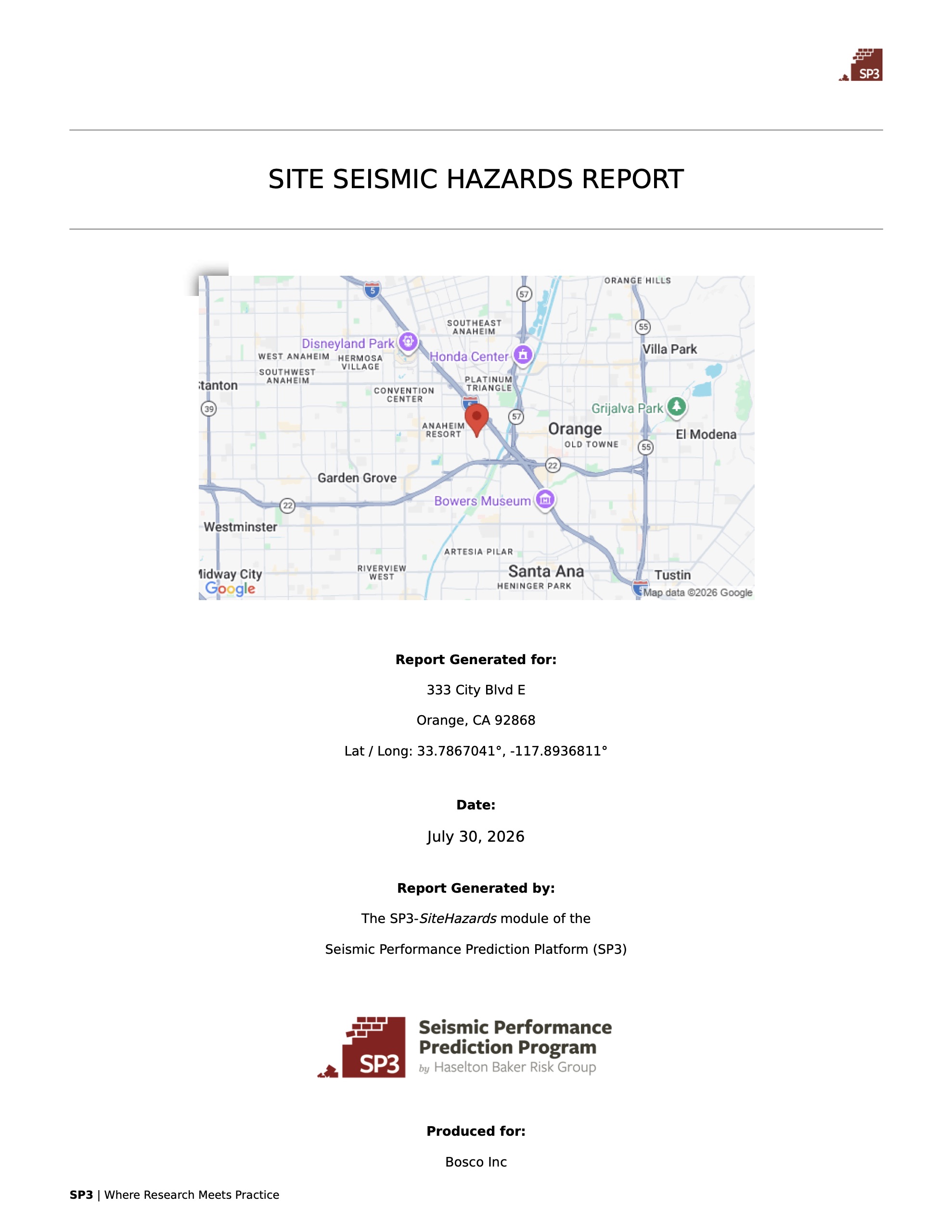 Sample SP3-SiteHazards report for Southern California