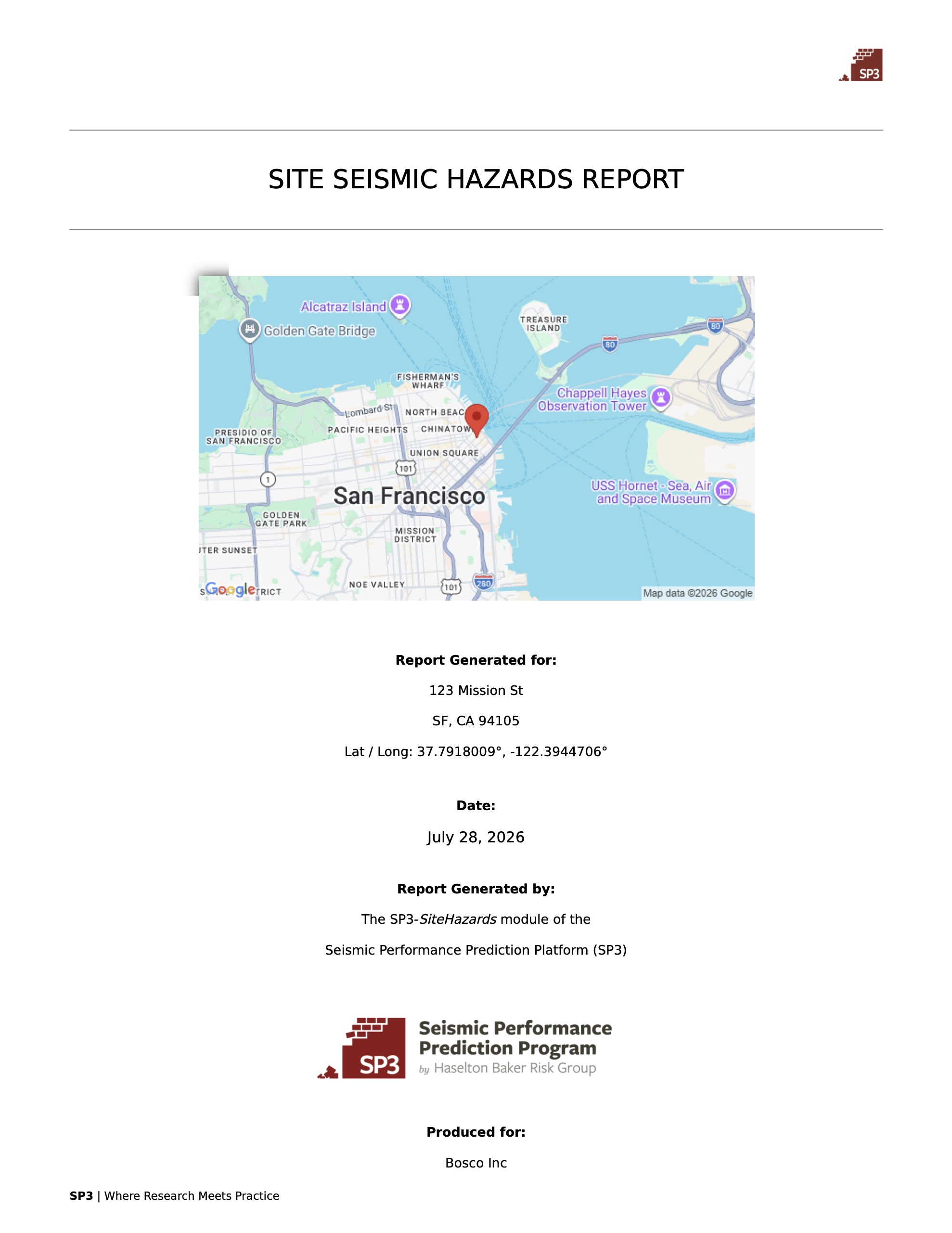 Sample SP3-SiteHazards report for San Francisco
