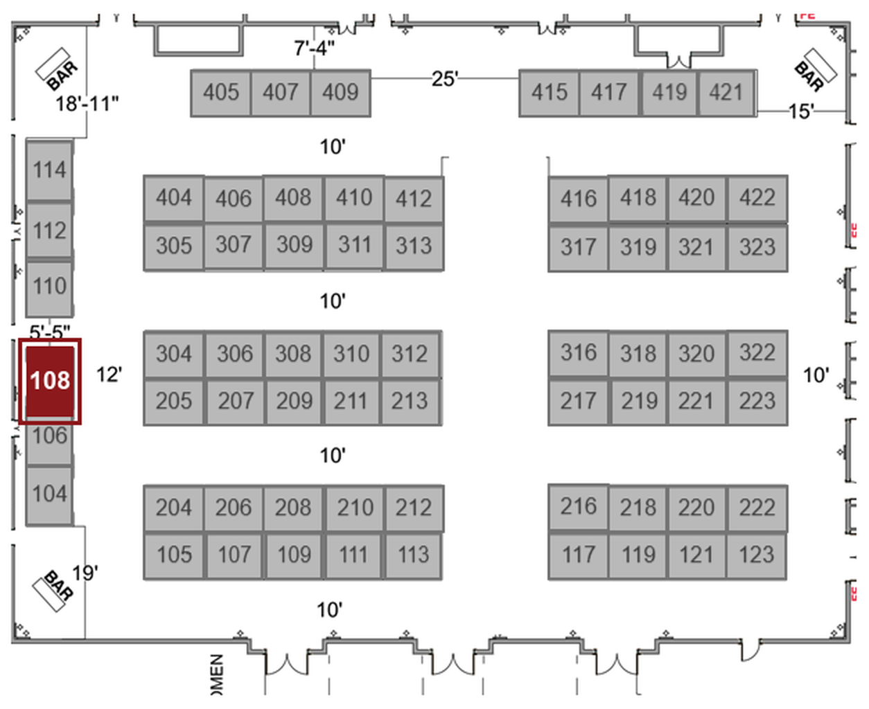 SEAOC 2026 exhibit hall floorplan with Booth #108 highlighted