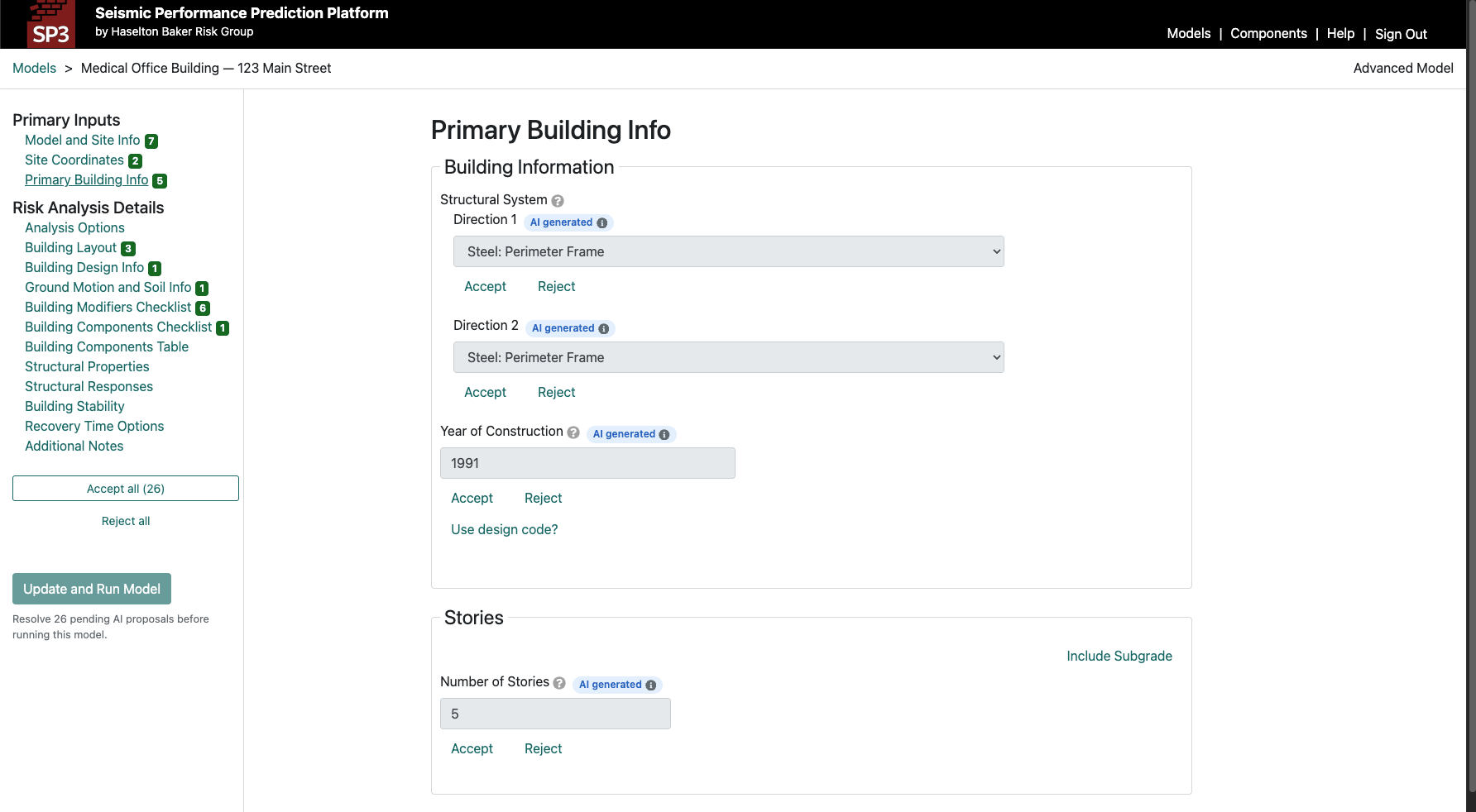 SP3-RiskModel Primary Building Info screen with fields tagged AI generated and Accept / Reject controls, plus Accept all (26)